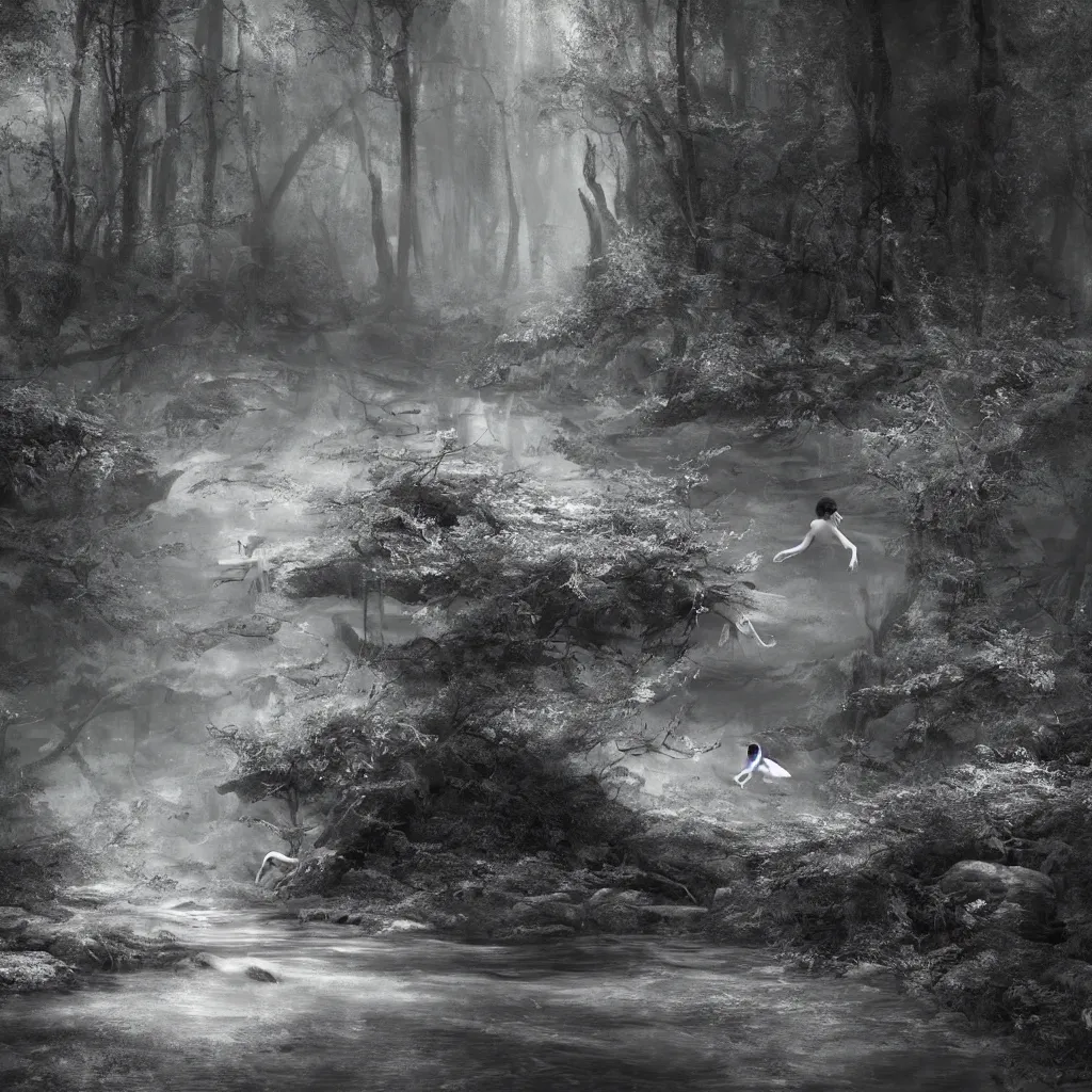 Image similar to an angel stripped of it's wings chasing a child through a creek in the woods, bad dream, hazy memory, volumetric, hyper realistic, octane render, dark black and white in the style of alvin schwartz, epic angles