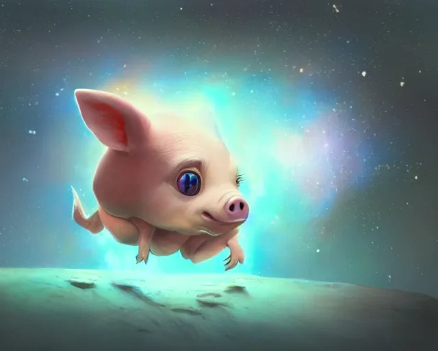 Image similar to 3D Fantasy Cute and adorable space piglet , huge adorable eyes, bright stars, Smooth 3D Illustration, soft render, Servando Lupini, Daniil Kudriavtsev, handpaint texture, Blender, 3DCoat