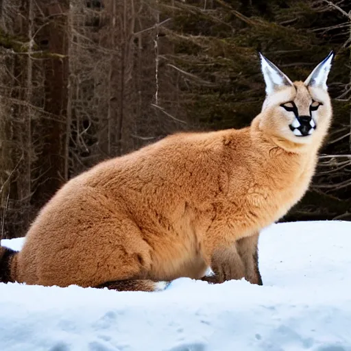 Prompt: photo still of drunk sleepy fat chubby caracal, lying sleeping on snow, big stomach, fullbody, sunny winter day