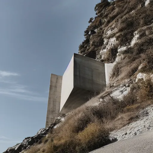 Prompt: concrete brutalism building on the edge of a cliff