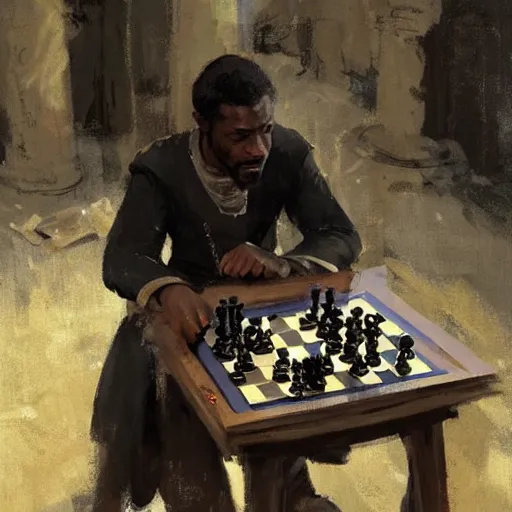 Prompt: portrait of black man wearing medieval clothes playing chess, detailed by greg manchess, craig mullins, bernie fuchs, walter everett