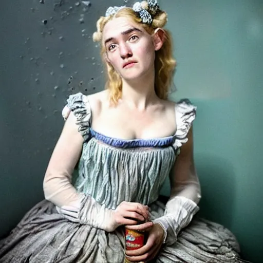 Prompt: A 18th century, messy, silver haired, (((mad))) elf princess (look like ((young Kate Winslet))), dressed in a frilly ((ragged)), wedding dress, is ((drinking a cup of tea)). Everything is underwater! and floating. Greenish blue tones, theatrical, (((underwater lights))), high contrasts, digital art by Claude Monet, inspired by John Everett Millais's Ophelia