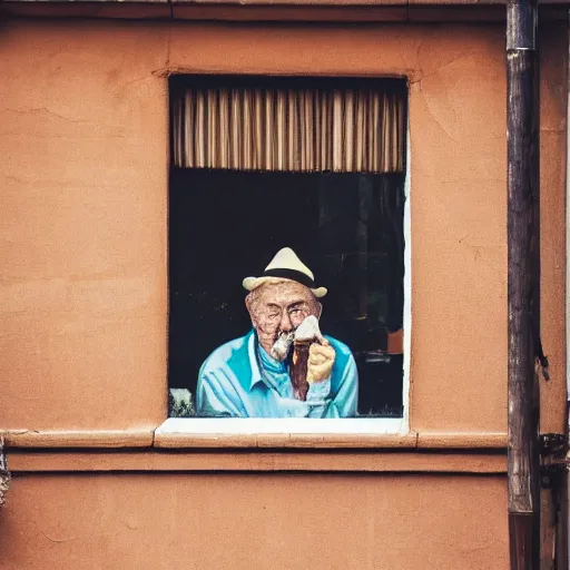 Image similar to an old man eating seen through a window