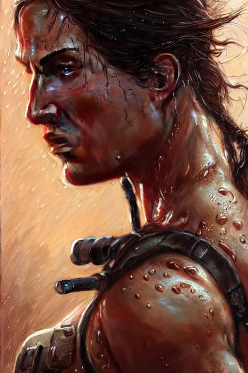 Image similar to muscular sweat and wet, lara croft, exhausted face close up, rain background, highly detailed painting by gaston bussiere, craig mullins, j. c. leyendecker 8 k