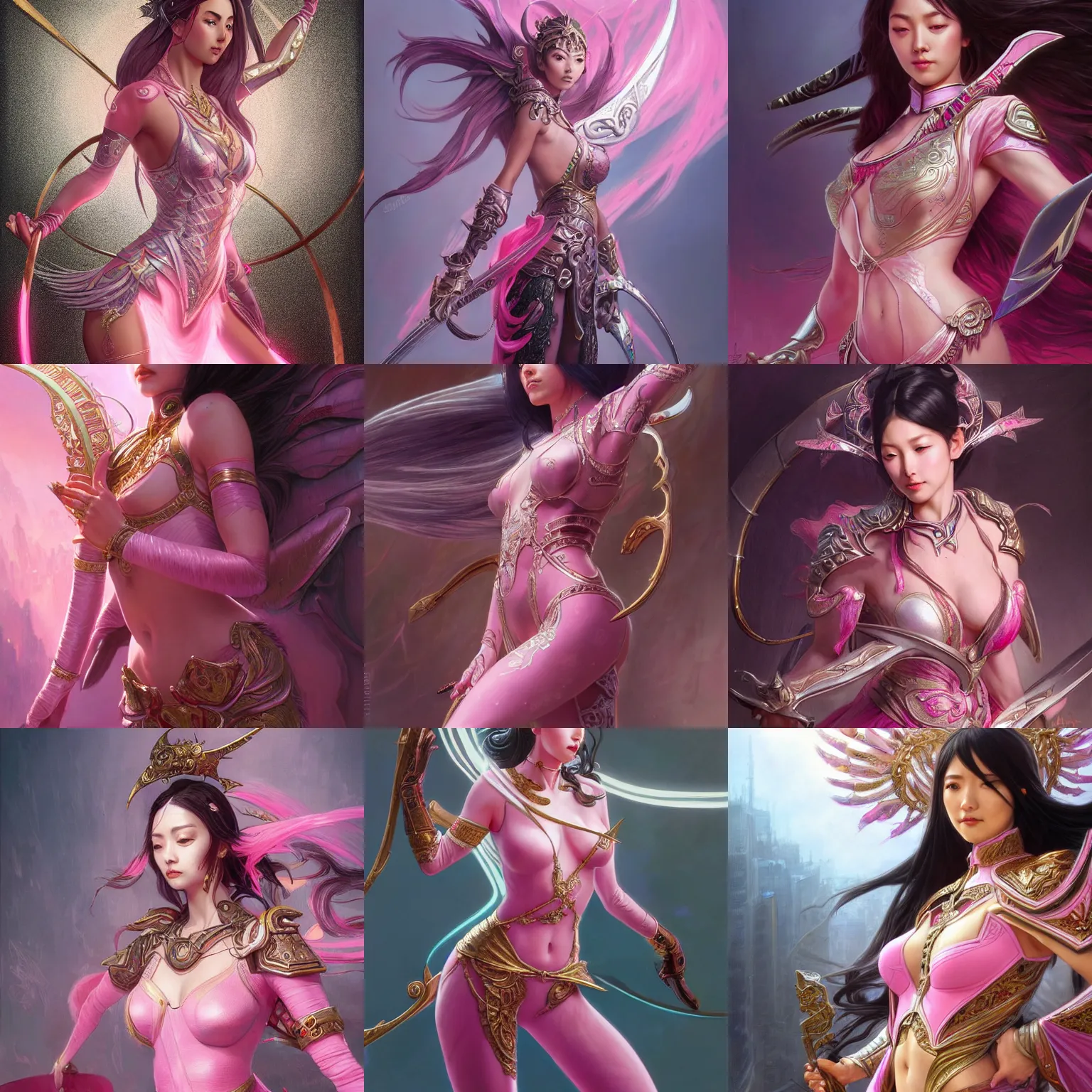 Prompt: irelia, the blade dancer, wearing pink bodysuit with metal ornaments, asian descent, insane, intricate, highly detailed, digital painting, artstation, concept art, smooth, sharp focus, illustration, unreal engine 5, 8 k, art by artgerm and greg rutkowski and alphonse mucha