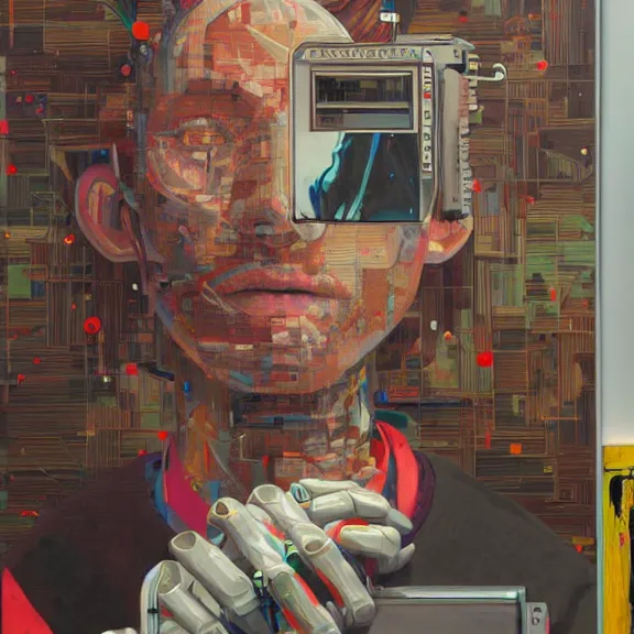 Image similar to robot artist painting a self - portrait on a canvas. intricate, highly detailed, photorealistic, film still, by alexandros pyromallis, sachin teng, hans thoma.