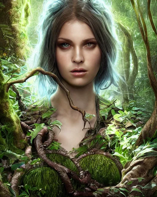 Image similar to portrait high definition photograph female fantasy character art, hyper realistic, pretty face, hyperrealism, iridescence water elemental, snake skin armor forest dryad, woody foliage, 8 k dop dof hdr fantasy character art, by aleski briclot and alexander'hollllow'fedosav and laura zalenga