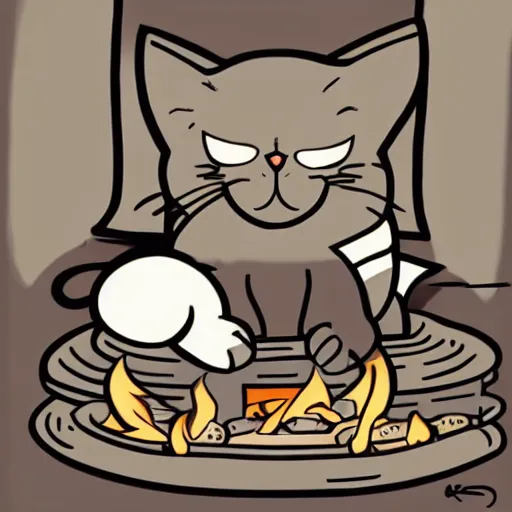 Image similar to Cat lying by the fire, anime, Kawaii, mcbess