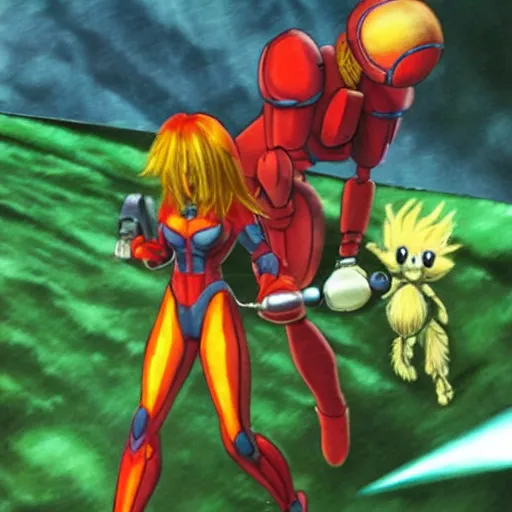 Prompt: Samus Aran taking her pet metroid out for a walk