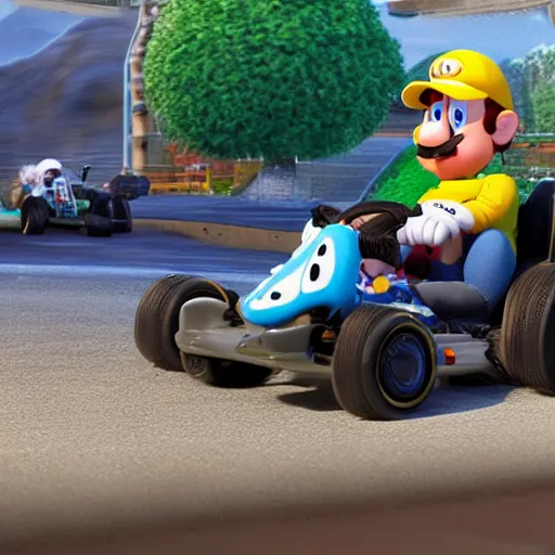 Prompt: cinematic shot of James Hetfield driving a go-kart in the mushroom kingdom, 8k, highly detailed,