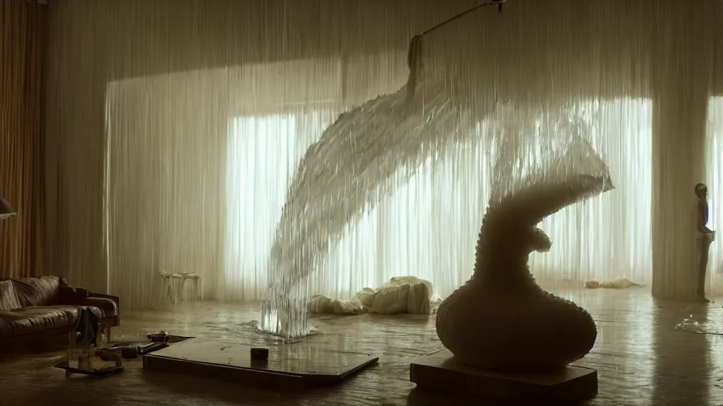 Image similar to a giant hand made of wax and water floats through the living room, film still from the movie directed by Denis Villeneuve with art direction by Junji Ito, wide lens