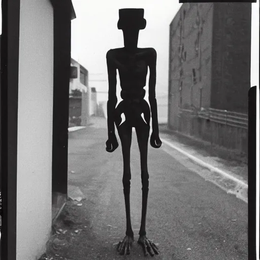 Image similar to an black and white photography of a tall skinny creature with a long neck, arms, and legs, covered in black substance, suburbs backround, 1 9 9 0, polaroid,