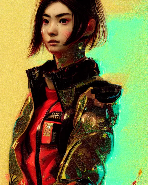 Image similar to detailed portrait Neon guard girl with short brown hair, cyberpunk futuristic, reflective puffer jacket, black leggings, decorated with traditional Japanese ornaments by Ismail inceoglu dragan bibin hans thoma, Perfect face, fine details, realistic shaded, fine-face, pretty face