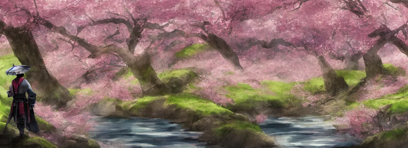 Image similar to A lone samurai watching over a valley of cherry blossom trees, water color painting, concept art, HD