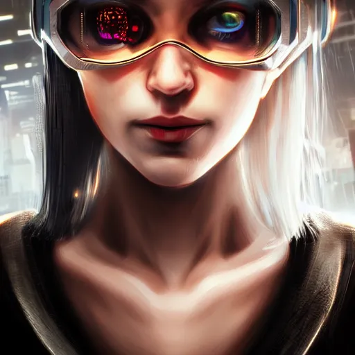 Image similar to a expressive portrait photograph of cyberpunk woman with eye implants in dramatic lighting, depth of field background, artstation, concept art, realism masterpiece