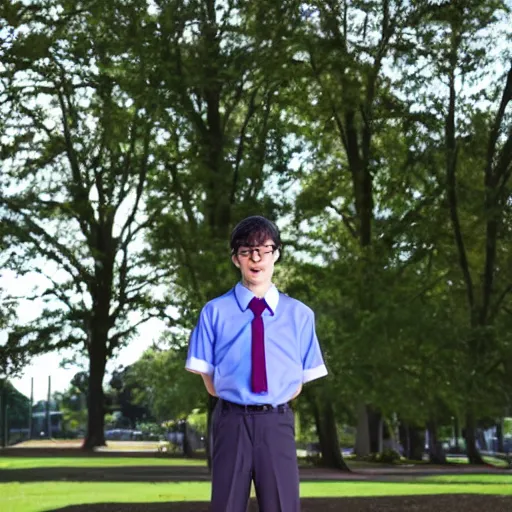 Image similar to a realistic fullbody photograph of a nerdy school boy in a park, school uniform