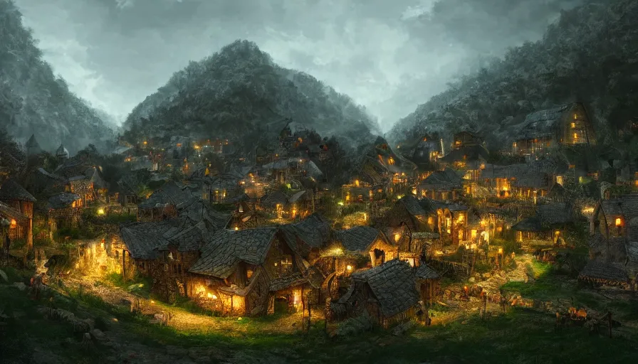 Prompt: Medieval village built in the heart of the green mountains at night, hyperdetailed, artstation, cgsociety, 8k