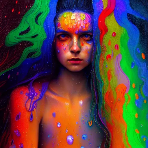 Image similar to portrait of girl in colored psychedelic rain with wet hair and face, fantasy, intricate, elegant, dramatic lighting, elated emotion, highly detailed, lifelike, photorealistic, digital painting, artstation, concept art, smooth, sharp focus, illustration, art by John Collier and Albert Aublet and Krenz Cushart and Artem Demura and Alphonse Mucha