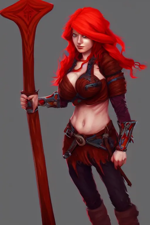 Prompt: a woman with red hair holding two large axes, concept art by senior character artist, true anatomy, artstation contest winner, fantasy art, concept art, artstation hd, 2 d game art