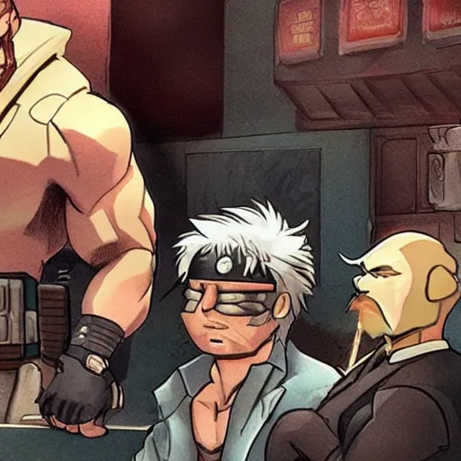 Prompt: kirby sitting next to solid snake at the bar, moody, gritty