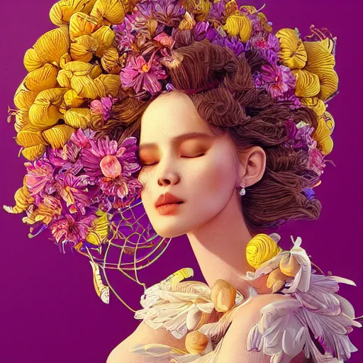 Prompt: the portrait of an absurdly beautiful, graceful, elegant woman made of bananas and petals, an ultrafine detailed illustration by kim jung gi, irakli nadar, intricate linework, bright colors, final fantasy, behance contest winner, angular, unreal engine 5 highly rendered, global illumination, radiant light, detailed and intricate environment