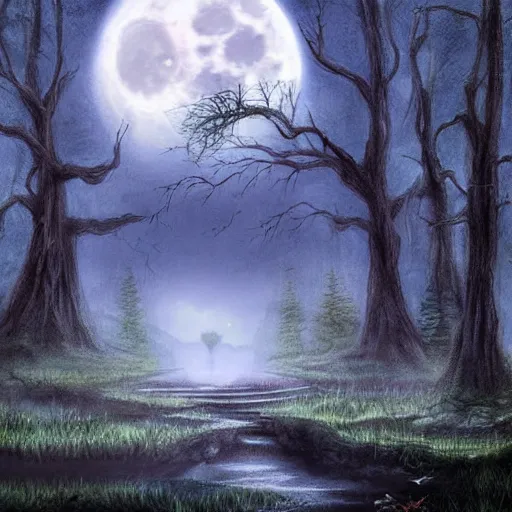 Image similar to highly realistic scenic painting of a towering misty dark fantasy forest surrounding a pond, a rusalka sits on the roots of an ancient tree looking up at the moon, spooky fog, looming trees, beautiful fantasy painting hd