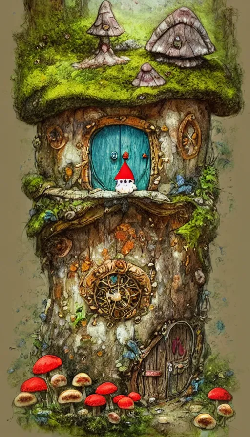 Prompt: extra beautiful colorful whimsical storybook style full page antique ornate lithograph of moss, fungus, mushroom and flower covered knome hobbit giant mushroom cozy home with door and windows by Jean-Baptiste Monge, post processing, painterly, book illustration watercolor granular splatter dripping paper texture. Trending on artstation, post processing, pen and ink work. sharp focus.