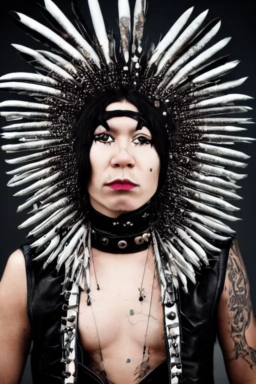 Image similar to a indigenous inuit genderqueer person in a black leather outfit with spikes on their head, a high fashion character portrait by christen dalsgaard, featured on behance, gothic art, androgynous, genderless, gothic