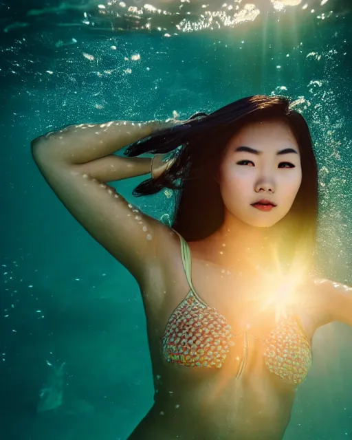 Prompt: portrait of asian woman underwater during sunrise, sunrays, aquaman aesthetic, caustics, rippling water, photoshoot, flowing hair, elegant, iconic, fine-art, masterpiece, cinematic, trending on artstation