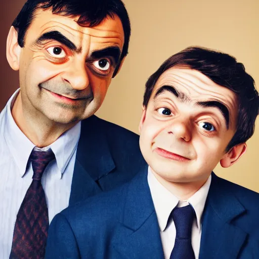 Image similar to A portrait mr bean teams up with a teenage rowan atkinson, perfect faces, 50 mm, award winning photography