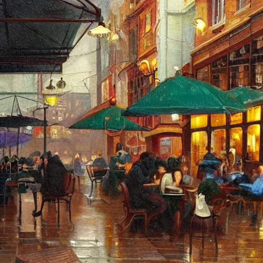 Image similar to busy cafe in a rainy victorian city