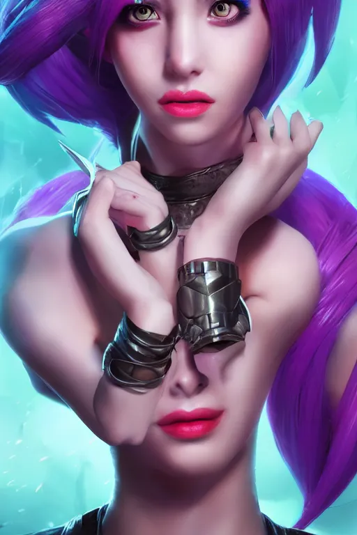 Image similar to ultra realistic facial portrait of jinx from league of legends, digital art, character portrait, highly detailed, trending on artstation, lens flare, atmosphere, hyper realistic, cinematic lightning, sharp focus, unreal engine 5, extreme details perfect face, pretty face, fine - face, illustration, 8 k, ultra texture, masterpiece