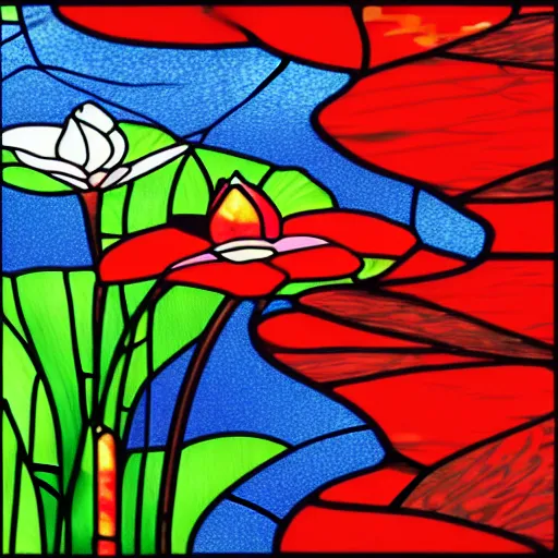 Prompt: stained glass with red carps and green lily pads in blue water, digital art, 4 k, trending on artstation