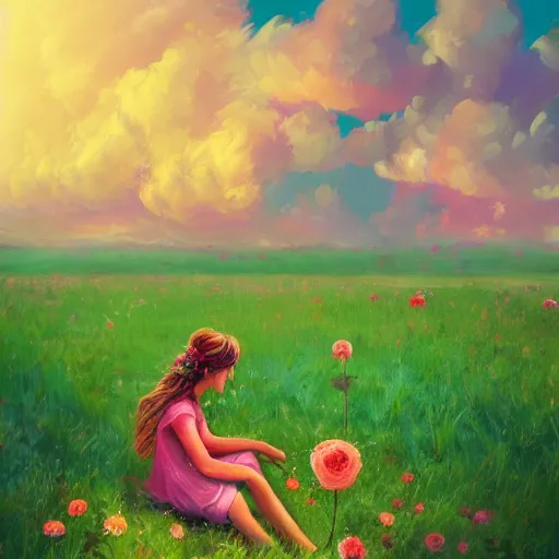 Image similar to giant rose flower head, girl sitting in a flower field, surreal photography, sunrise, dramatic light, impressionist painting, colorful clouds, digital painting, artstation, simon stalenhag