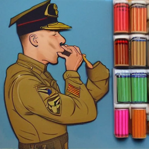 Image similar to usmc sargent eating crayons, realistic, illustration