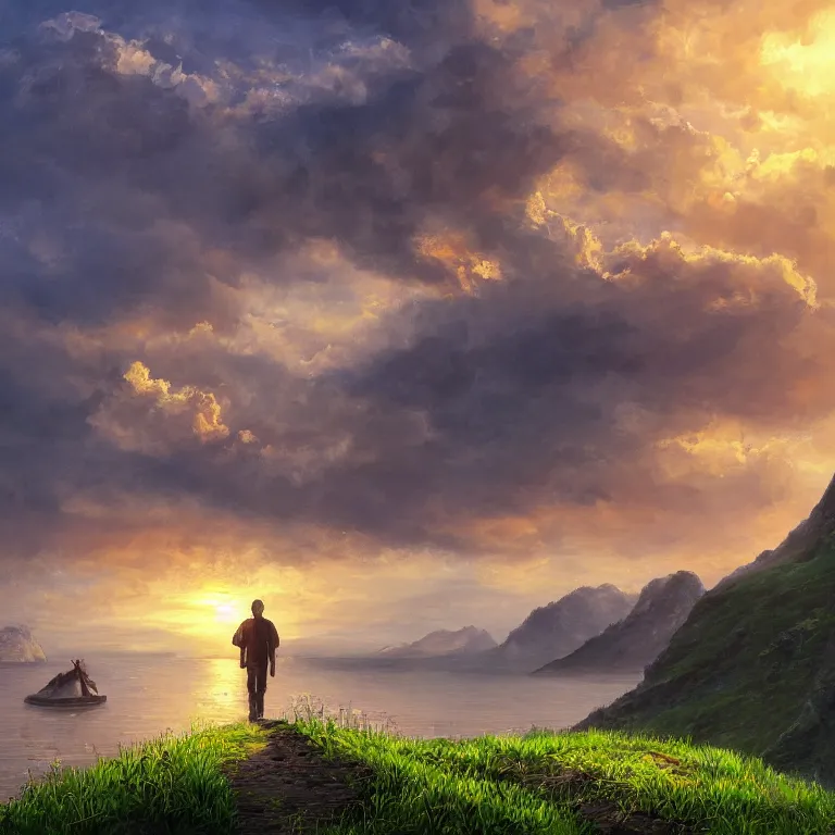 Prompt: a beautiful painting of a journey of a thousand miles begins with a single step, it is necessary to take the first step to reach your goal, flying island and sunset, the grass is always greener on the other side, other people always seem to be in a better situation, although it might not be true, highly detailed, 8 k resolution, trending on artstation