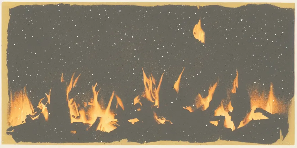 Image similar to a campfire under the stars, 1940s faded risograph print, limited color palette, earthtones, double-exposure