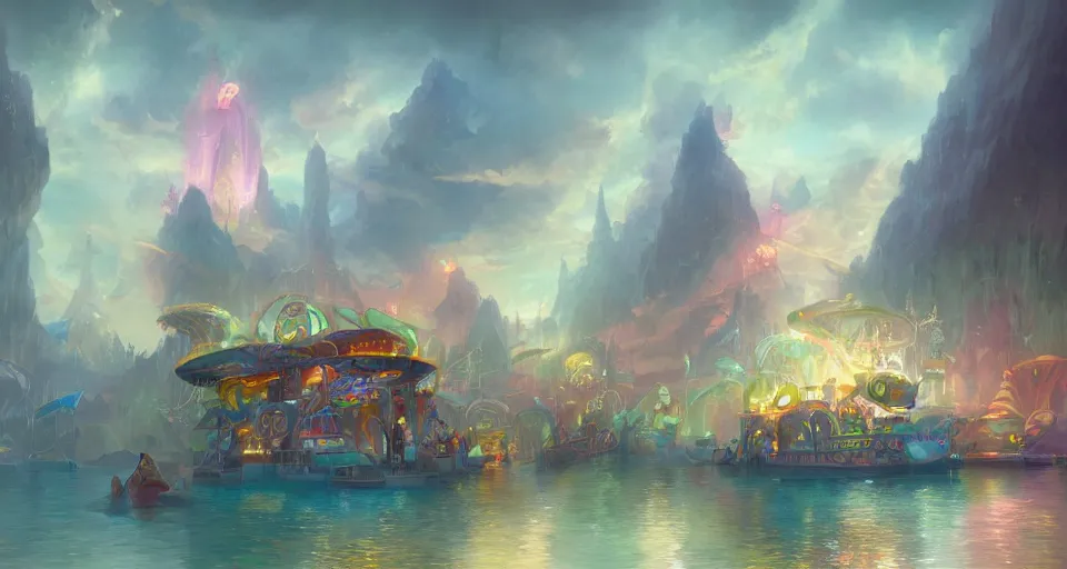 Image similar to an amusement park boat ride with pastel colors by peter mohrbacher, vivid colors, matte painting, 8K, concept art, mystical color scheme, trending on artstation