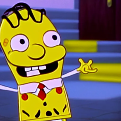 Image similar to mr. bean as spongebob. movie still. cinematic lighting.