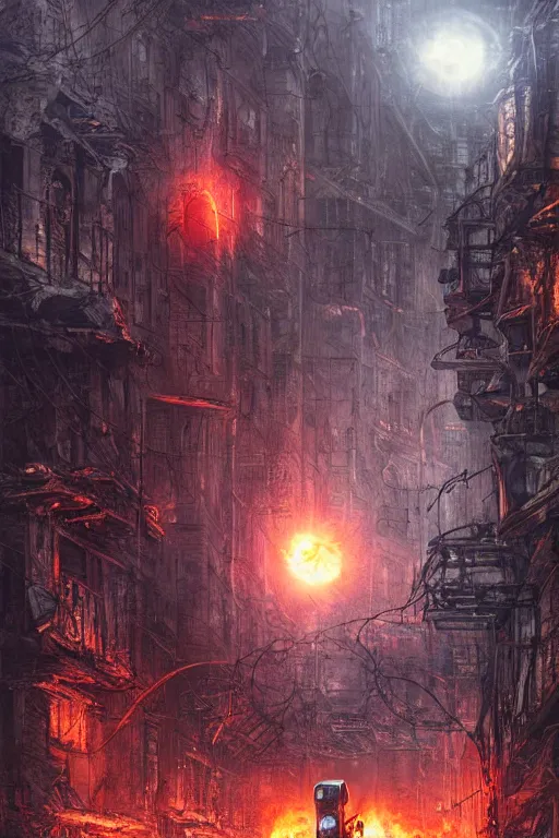 Prompt: Cybernetic Robotic Fire Orb Floating above a destroyed city street, fantasy, metropolis, magic, digital illustration by Seb McKinnon and David Romero
