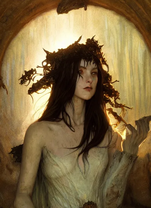 Image similar to inside covens den, diffuse lighting, fantasy epic, hdrp smoke, intricate facial detailing, highly detailed, lifelike, photorealistic, digital painting, artstation, unreal 5, concept art, smooth, sharp focus, art by john collier and albert aublet and krenz cushart and artem demura and alphonse mucha