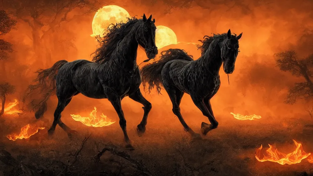 Image similar to rampant black horse with fiery eyes a headless colonial rider!!!! holds a ( jack - o - lantern ), background gnarled trees and large supermoon, in the styles of greg rutkowski, keith parkinson, and john quidor, intricate, detailed, volumetric lighting