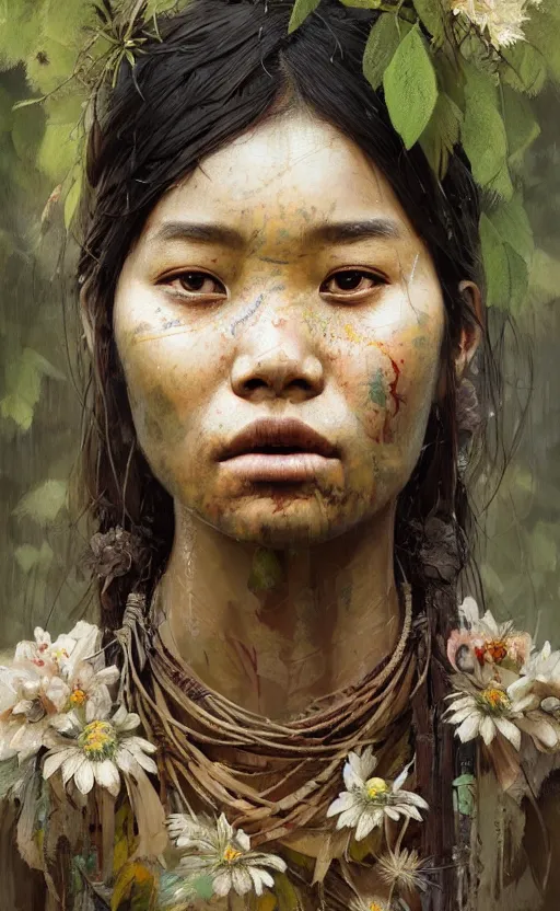 Image similar to detailed portrait of a tribal woman with asian eyes and thick lip forest girl, flowers and trees, by ismail inceoglu dragan bibin hans thoma greg rutkowski alexandros pyromallis nekro rene maritte illustrated, perfect face, fine details, realistic shaded, fine - face, pretty face