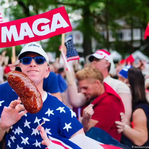 Prompt: maga supporters worshipping a sausage, canon eos r 3, f / 1. 4, iso 2 0 0, 1 / 1 6 0 s, 8 k, raw, unedited, symmetrical balance, full shot