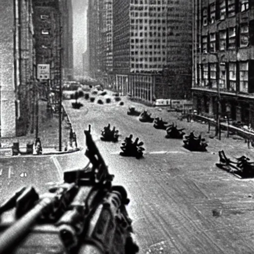 Image similar to Epic shootout between Soviet and American troops on the streets of New York, powerful explosions, futuristic style, super detail of each object,