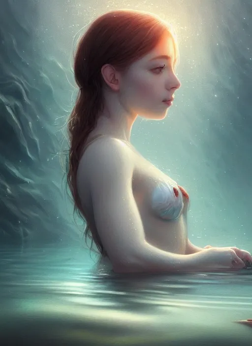 Prompt: pretty portrait of a lady in a magical lake, half submerged in water, highly detailed, digital painting, artstation, night scene, wlop concept art, smooth, sharp focus, illustration, art by artgerm and greg rutkowski, 8 k
