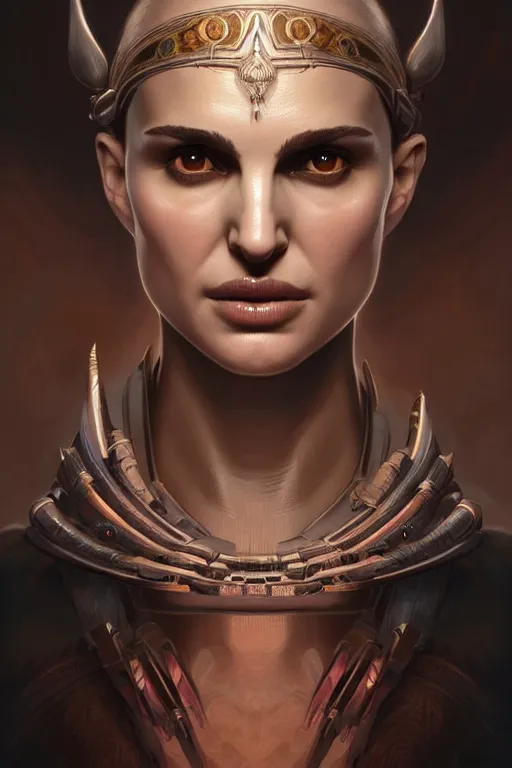 Image similar to symmetry!! portrait of natalie portman in the style of god of war, machine parts embedded into face, intricate, elegant, highly detailed, digital painting, artstation, concept art, smooth, sharp focus, illustration, art by artgerm and greg rutkowski and alphonse mucha, 8 k