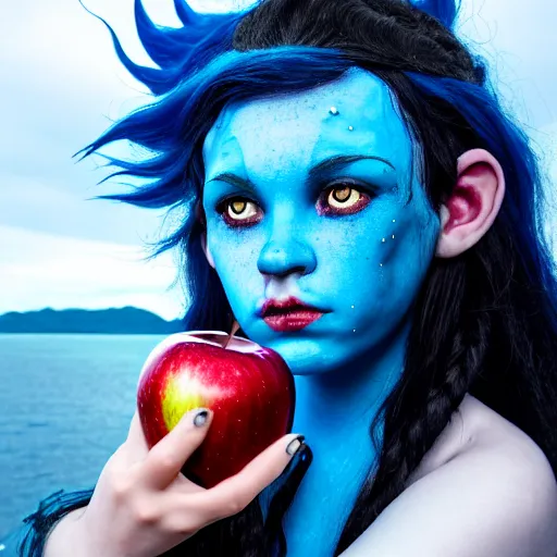 Image similar to a dnd Triton girl with blue skin and messy black hair sitting on the deck of a ship and holding an apple, a little blue-skinned girl with messy black hair sharp pointed ears freckles along the ridges of her cheeks, dnd triton, high resolution film still, 4k, HDR colors