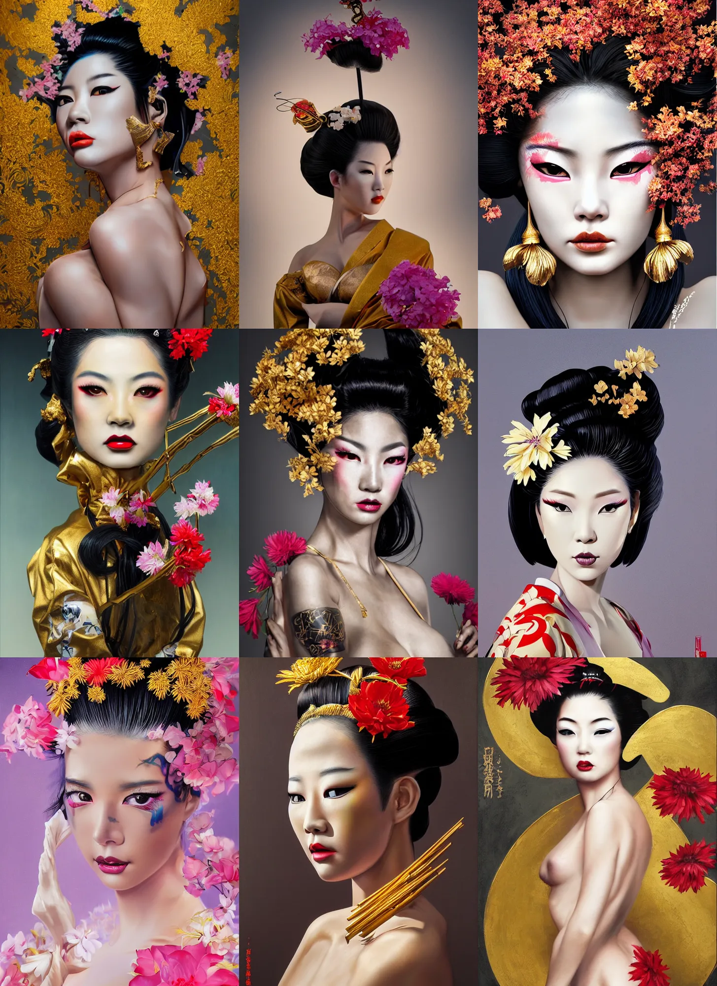 Prompt: Spray-paint portrait of a sexy Geisha, defiant look attitude, cinematic lighting, ultra-detailed, sharp focus, highly detailed, sharp focus, golden background with flowers, photorealism, style of Hajime Sorayama, art by Hirothropologie , artgerm and Patrick DeMarchelier