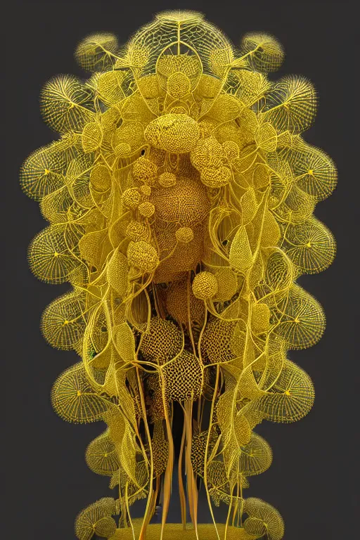 Image similar to intricate hyper detailed ultra sharp 3 d render of a lorde, unity of mood, large pore fungi embroidered, bright light, art nouveau, haute couture alexander mcqueen leaves stems dahlia transparent fractal dandelion yellow pistil filigree roots, octane render, volumetric cinematic lighting, 8 k post - production